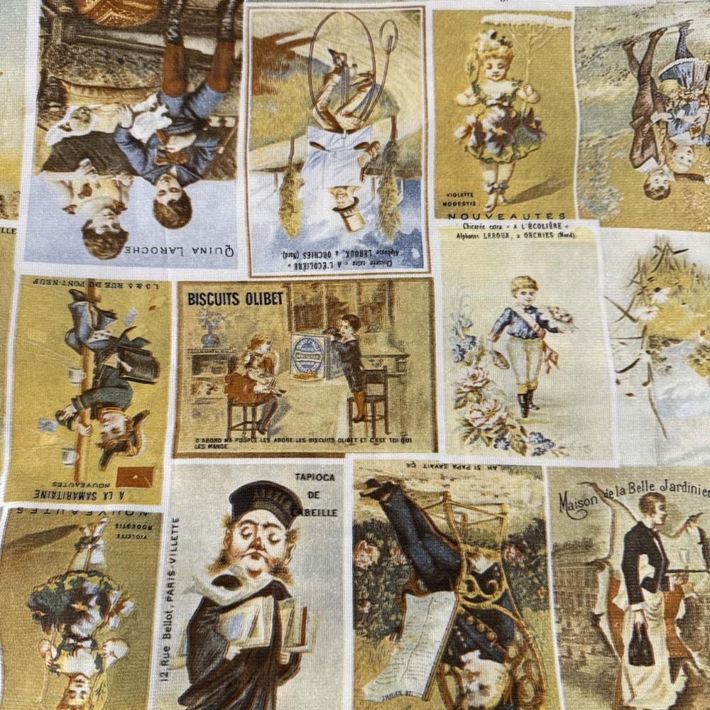 Vtg Fabric 45x160 French Advertisements Ephemera Collage‎ Whimsical Victorian